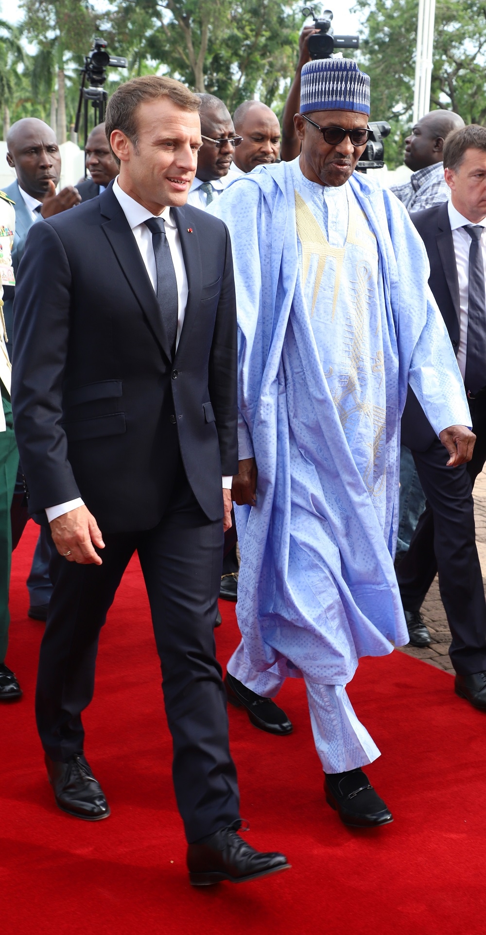 Left to Right President Emmanuel Macron of France with President Muhammadu Buhari during Macrons arrival at the State House Abuja on Tuesday 3rd July 2018