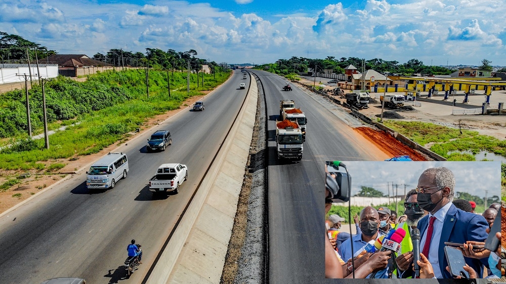 A view of the ongoing Reconstruction, Rehabilitation and Expansion of the Lagos -Ibadan Expressway (Section II: Shagamu Interchange - Ibadan) from the former Toll Gate Ibadan during an inspection visit by the Hon. Minister of Works and Housing, Mr Babatunde Fashola, SAN on Wednesday, 15th September 2021.INSET: Hon. Minister of Works and Housing, Mr Babatunde Fashola, SAN (right) speaking with journalists shortly after the inspection of the ongoing Reconstruction, Rehabilitation and Expansion of the Lagos -Ibadan Expressway (Section II: Shagamu Interchange - Ibadan) at the former Toll Gate Ibadan on Wednesday, 15th September 2021. 