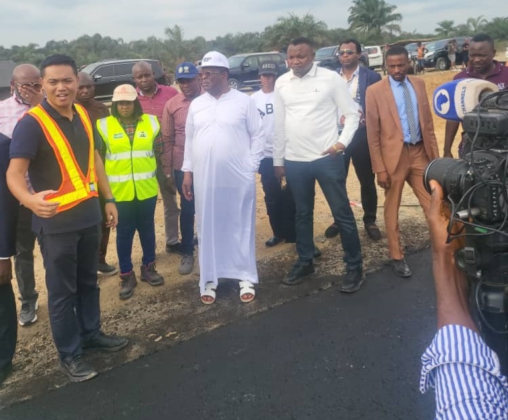 Honourable Minister of Works. His Excellency, Sen. Engr Nweze David Umahi CON during his inspection visit to the rehabilitation work at Enugu- Port Harcourt dual carriageway section 4( Aba-PH) executed by China Civil Engineering Construction Corporation Ltd (CCECC)