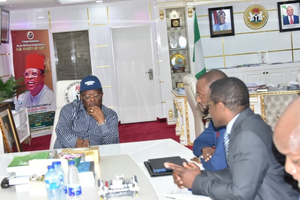 Hon. Minister of Works, His Excellency Sen. Engr Nweze David Umahi CON (Right) with the Director, Infrastructure and Urban Development, Mike Salawou held at the office of the Honourable Minister Federal Ministry of Works, this 5th March 2024.