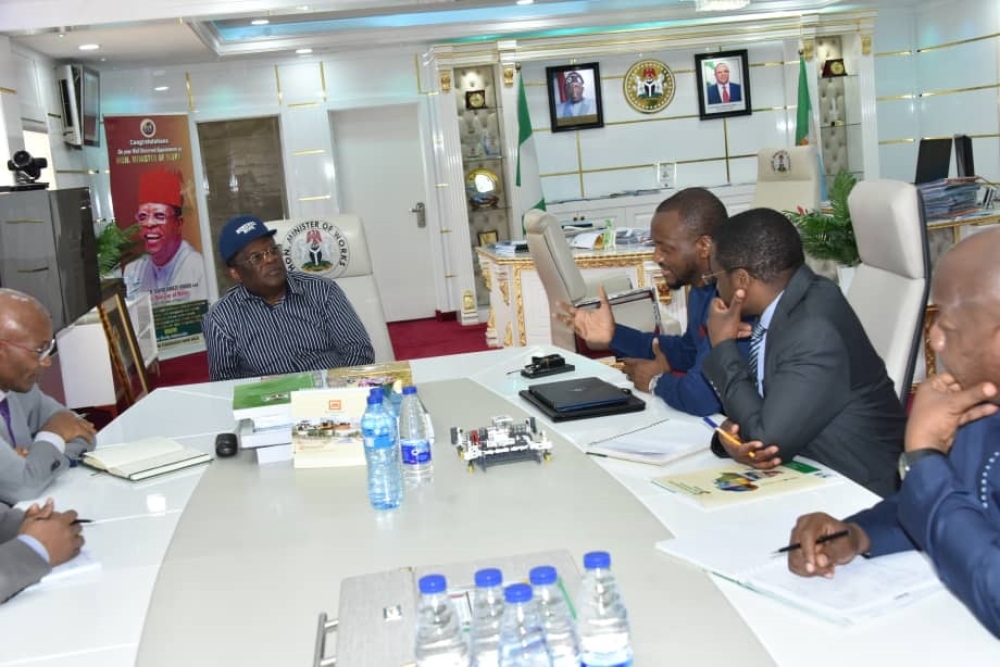 Hon. Minister of Works, His Excellency Sen. Engr Nweze David Umahi CON (Right) with the Director, Infrastructure and Urban Development, Mike Salawou held at the office of the Honourable Minister Federal Ministry of Works, this 5th March 2024.